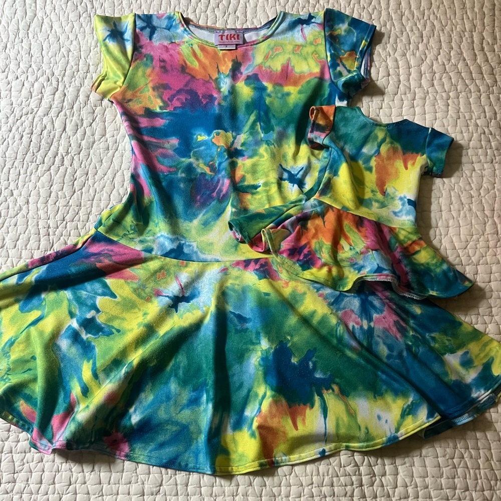 Tie-Dye Kids Dress with Flare Skirt and Matching American Girl Doll Dress
